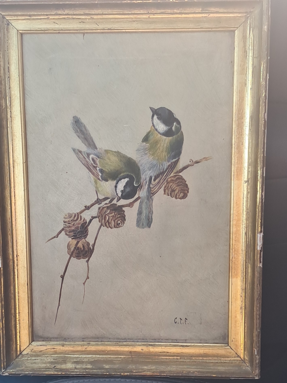 Hand-Painted Bird Artwork - Green and Black Chickadees